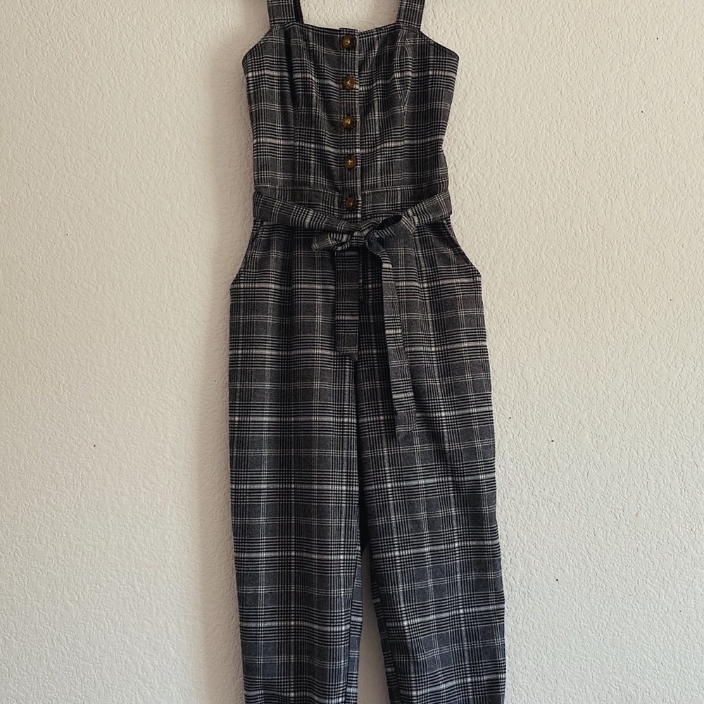 Belted Grey Plaid Button Up Jumpsuit